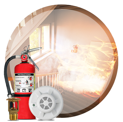 Lewes, DE Fire Detection & Protection - Building fire with extinguisher and smoke detector